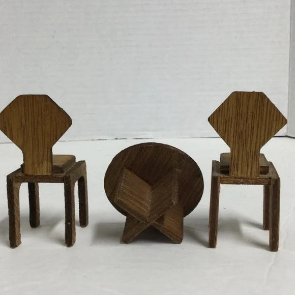 Vintage Miniature Wooden Dollhouse Furniture Sets 4 chairs & 2 round Tables - Picture 5 of 15